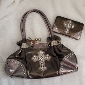 NWT Hananel Gray Rhinestone Cross Bag & Wallet